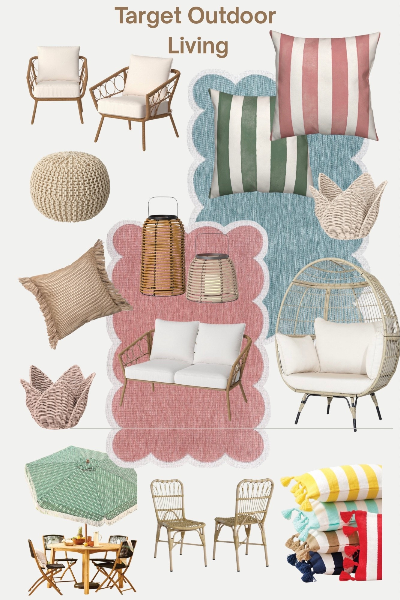 Target outdoor living. Beautiful colors and warm cozy natural style. Cute scallop outdoor rugs, striped pillows, warm rattan furniture and chairs. Loving the huge selection. 

#LTKSaleAlert #LTKHome #LTKSeasonal
