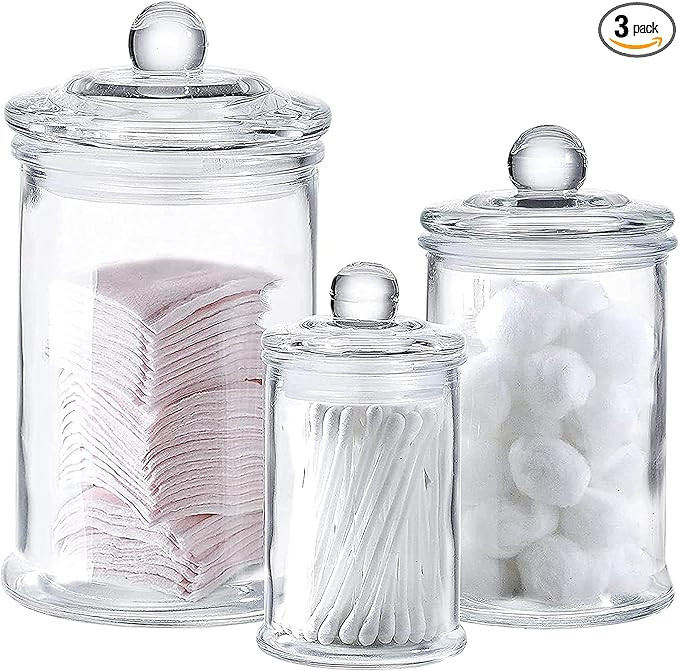 Whole Housewares | Set of 3 Bathroom Canisters - Storage Container Jars - Premium Glass Apothecar... | Amazon (US)