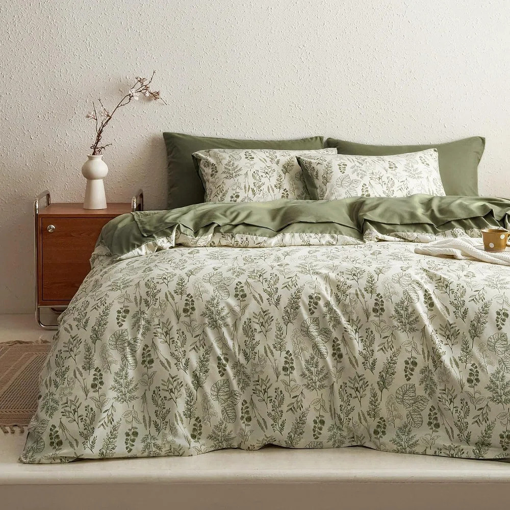 Nayoroom W-SJT-QingDai Green Leaves Flowers Plants Reversible Bedding Set Duvet Cover | Wayfair | Wayfair North America