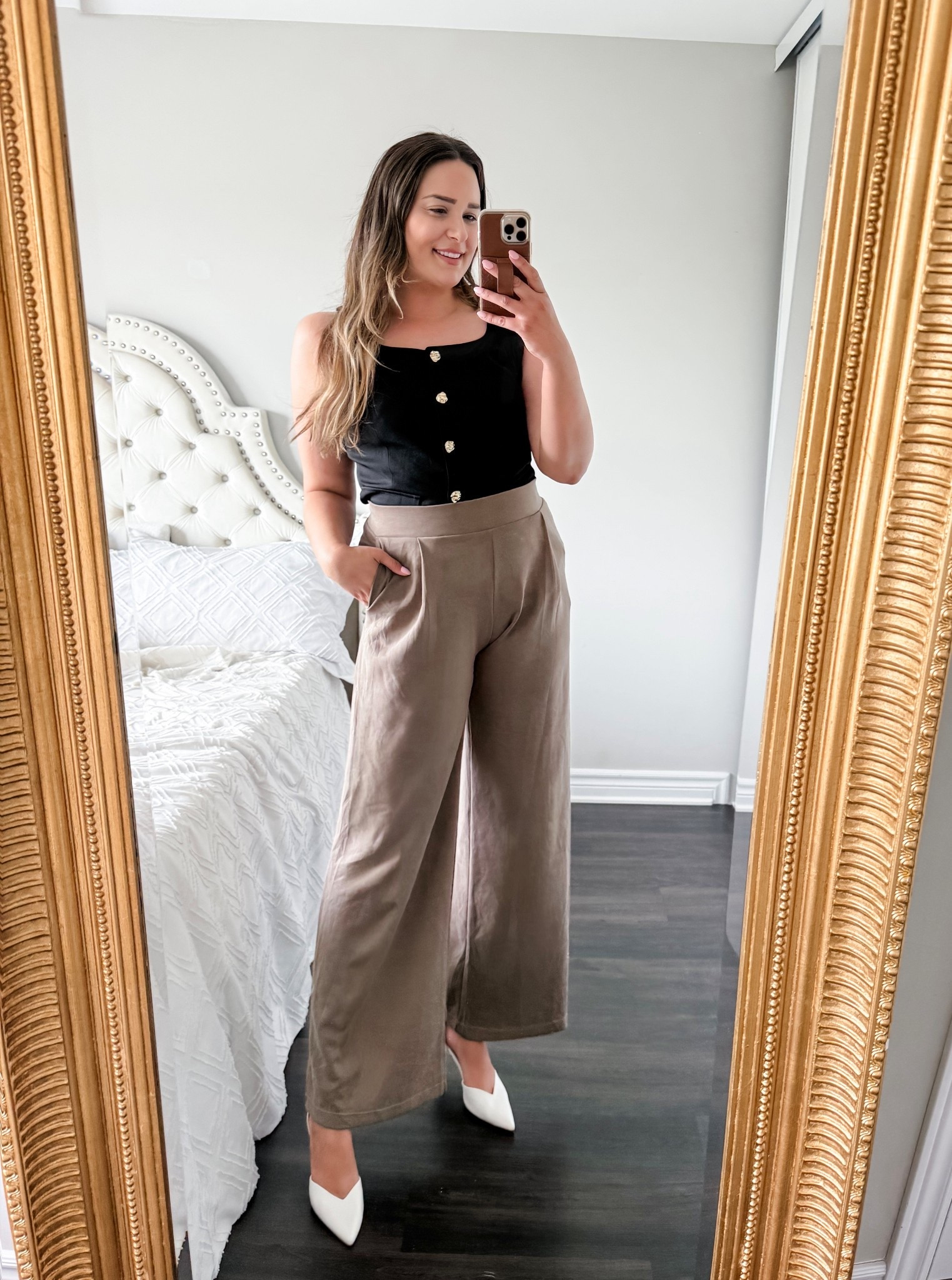 Fall inspired outfit! The most comfortable high waisted dress pants (feel like sweatpants), black and gold button up top and white strap heels. Workwear, date night outfit 

#LTKShoeCrush #LTKSaleAlert #LTKFindsUnder50