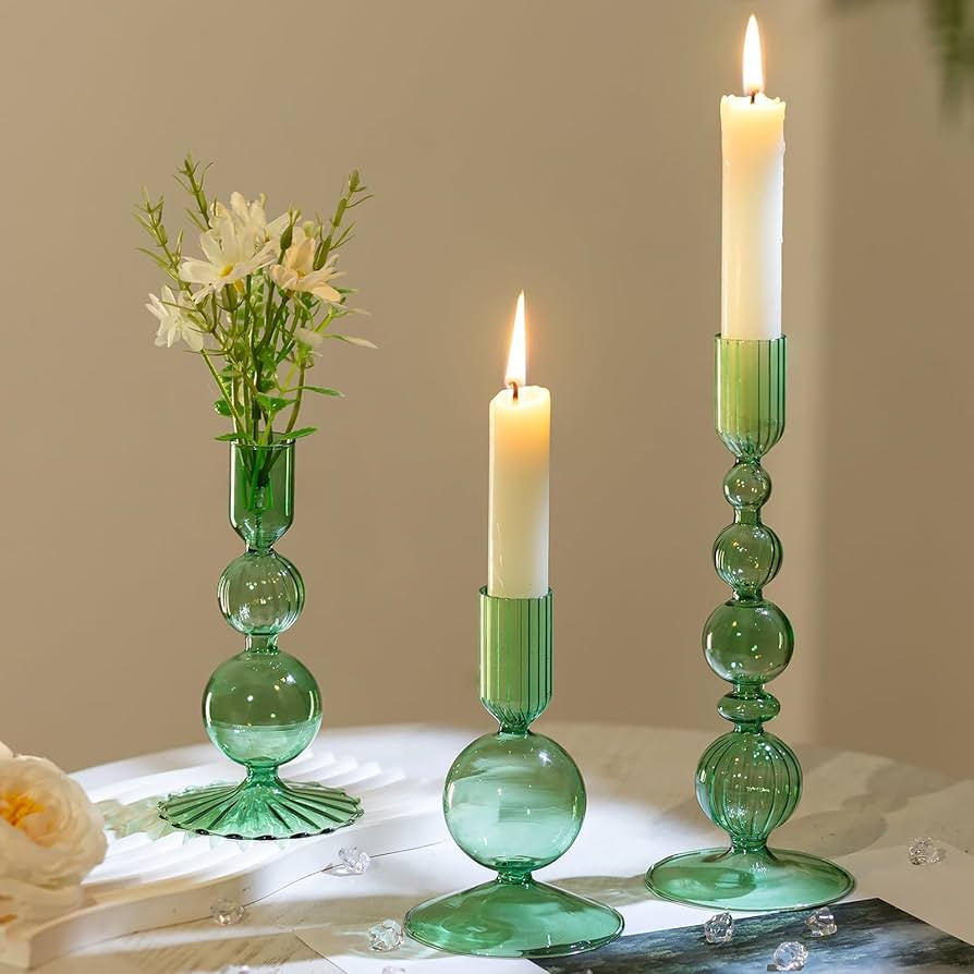 Hewory Glass Candlestick Holders Set: 3PCS Green Candle Holder Taper Candle Holders Bulk, Crystal... | Amazon (US)
