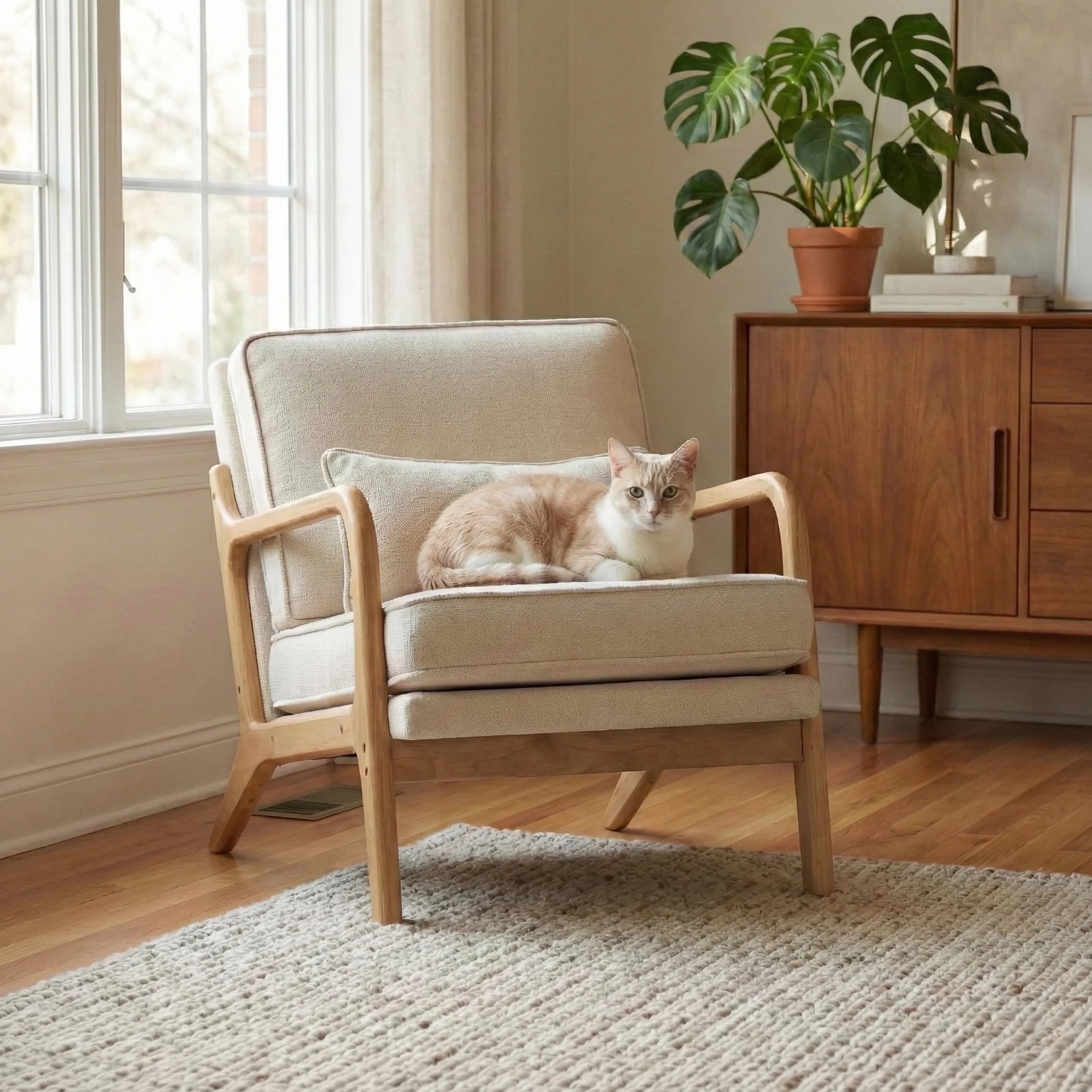 EOP Mid-Century Modern Accent Armchair with Solid Wood Frame, Removable Soft Cushion & Lumbar Pil... | Walmart (US)