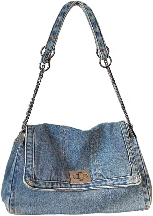 Amazon.com: KlaOYer Denim Shoulder Bag for Women Jean Tote Bag Adjustable Chain Strap Crossbody B... | Amazon (US)