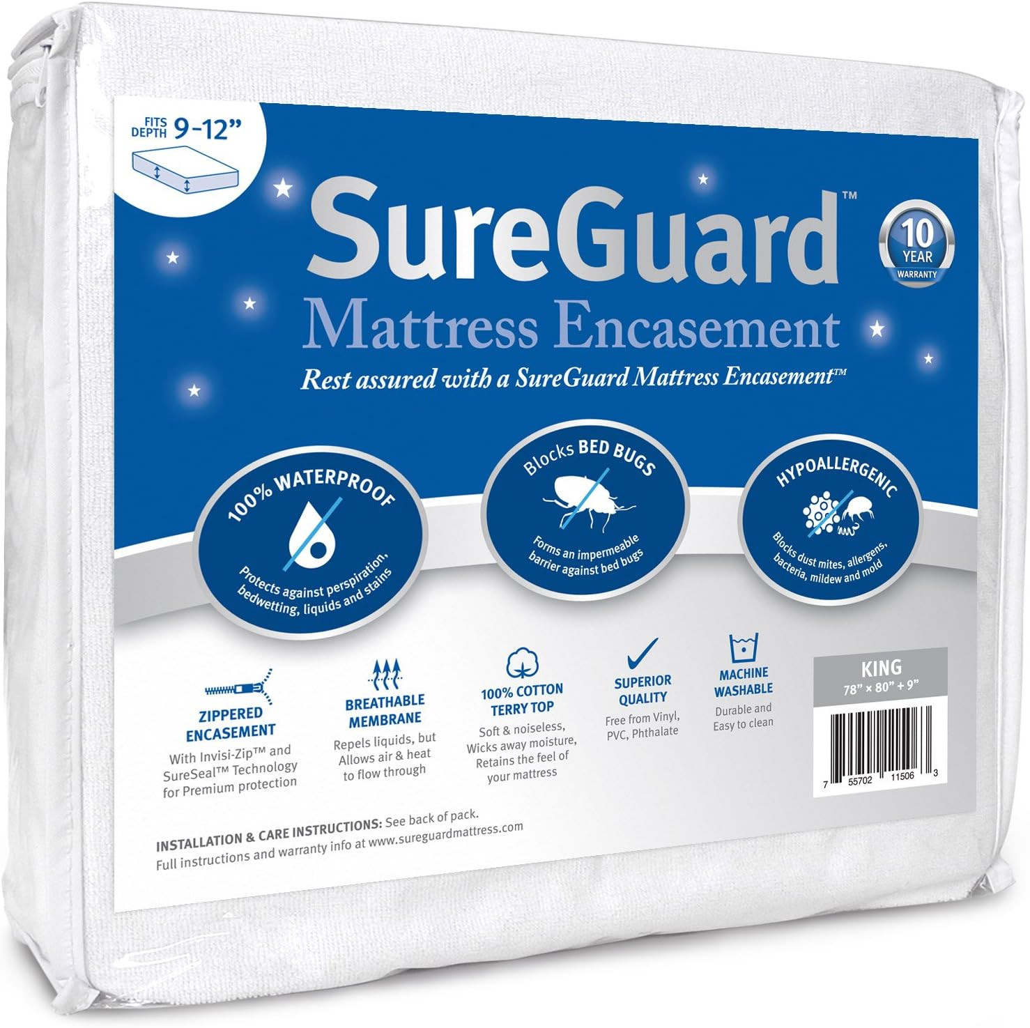 Amazon.com: King (9-12 in. Deep) SureGuard Mattress Encasement - 100% Waterproof, Bed Bug Proof, ... | Amazon (US)