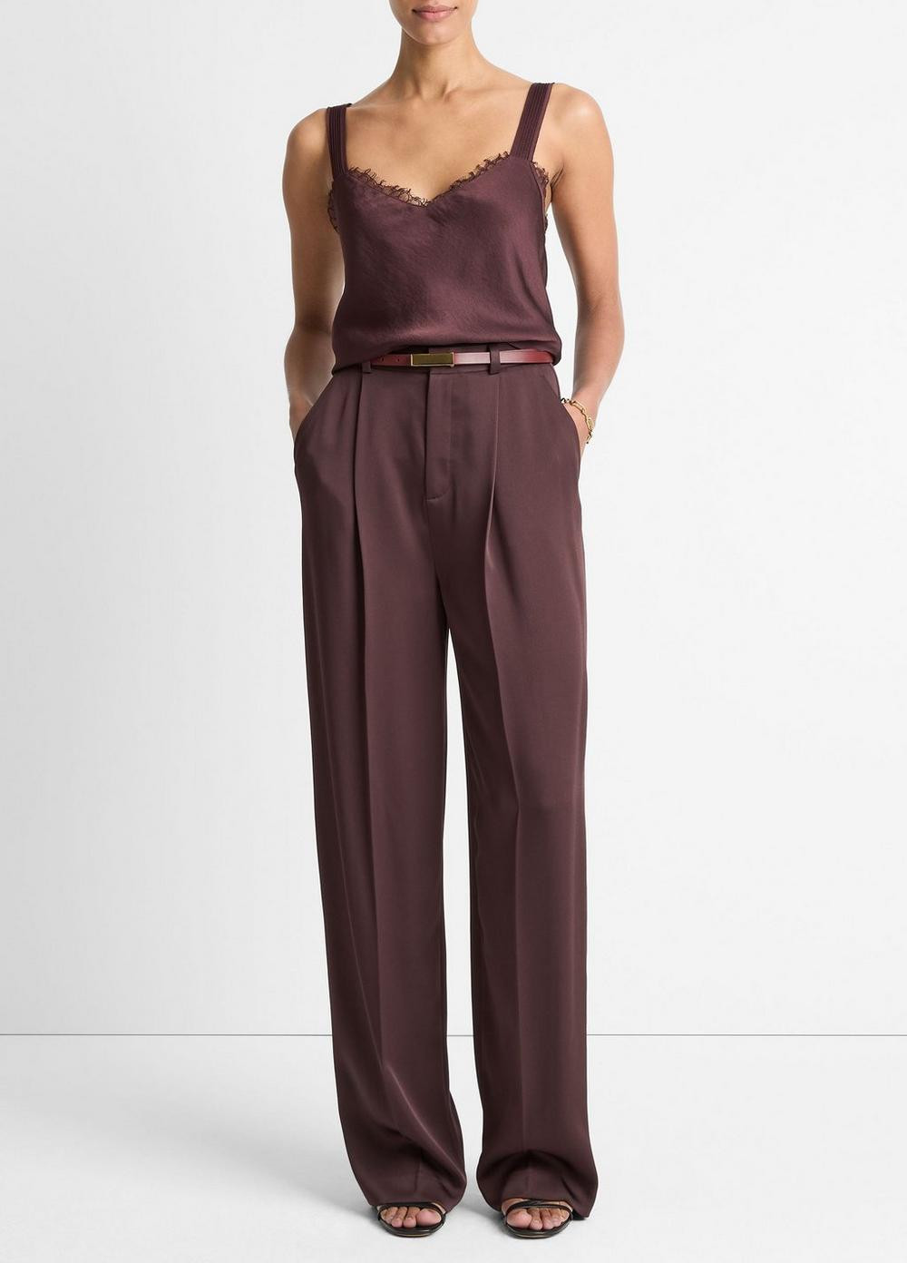 Women's Satin Pleated Wide-Leg Trouser, Dark Fig, Size 12 Vince | Vince LLC