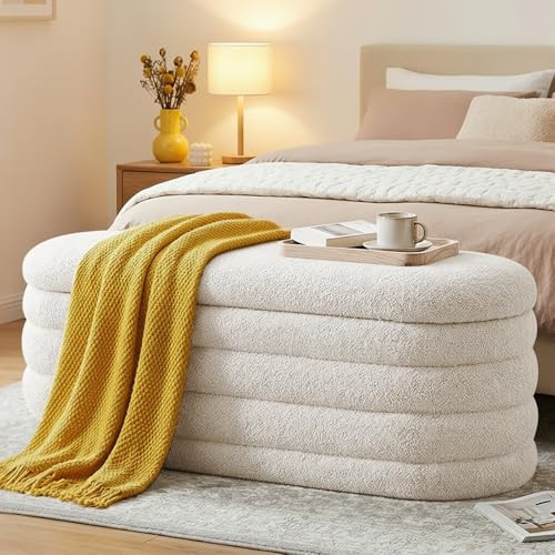 Furniliving Storage Ottoman Bench, 45'' Upholstered Boucle Ottoman with Storage, Aesthetic Bedroom Bench for Living Room Entryway, Beige | Amazon (US)