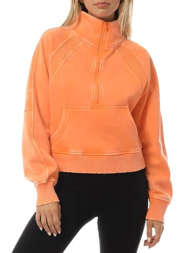 Design by Olivia Women's Acid Washed Half Zip Pullover Sweatshirts with Kangaroo Pocket Light Orange S | Amazon (US)
