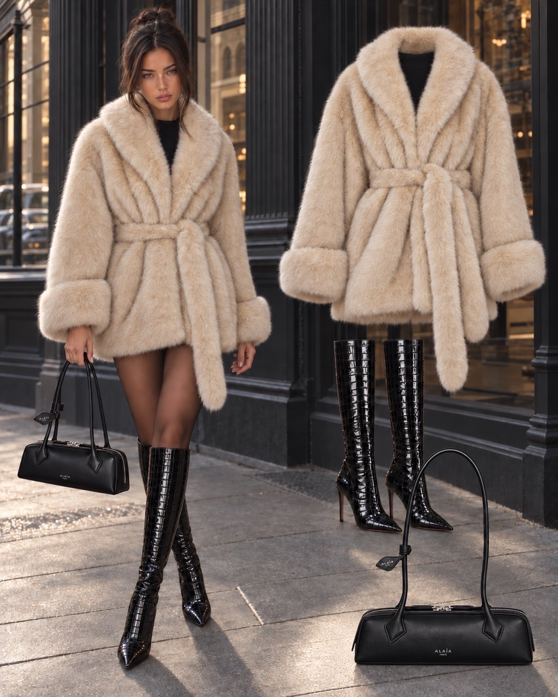 Winter faux fur short chic coat outfit
