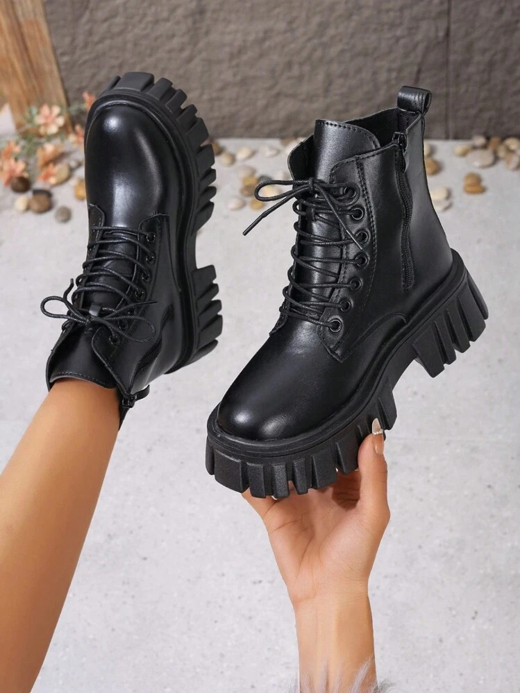 European And American Style Comfortable Outdoor Party Round Toe Lace-Up Wedge Heel Thick Sole Fashion Boots For Spring/Summer | SHEIN