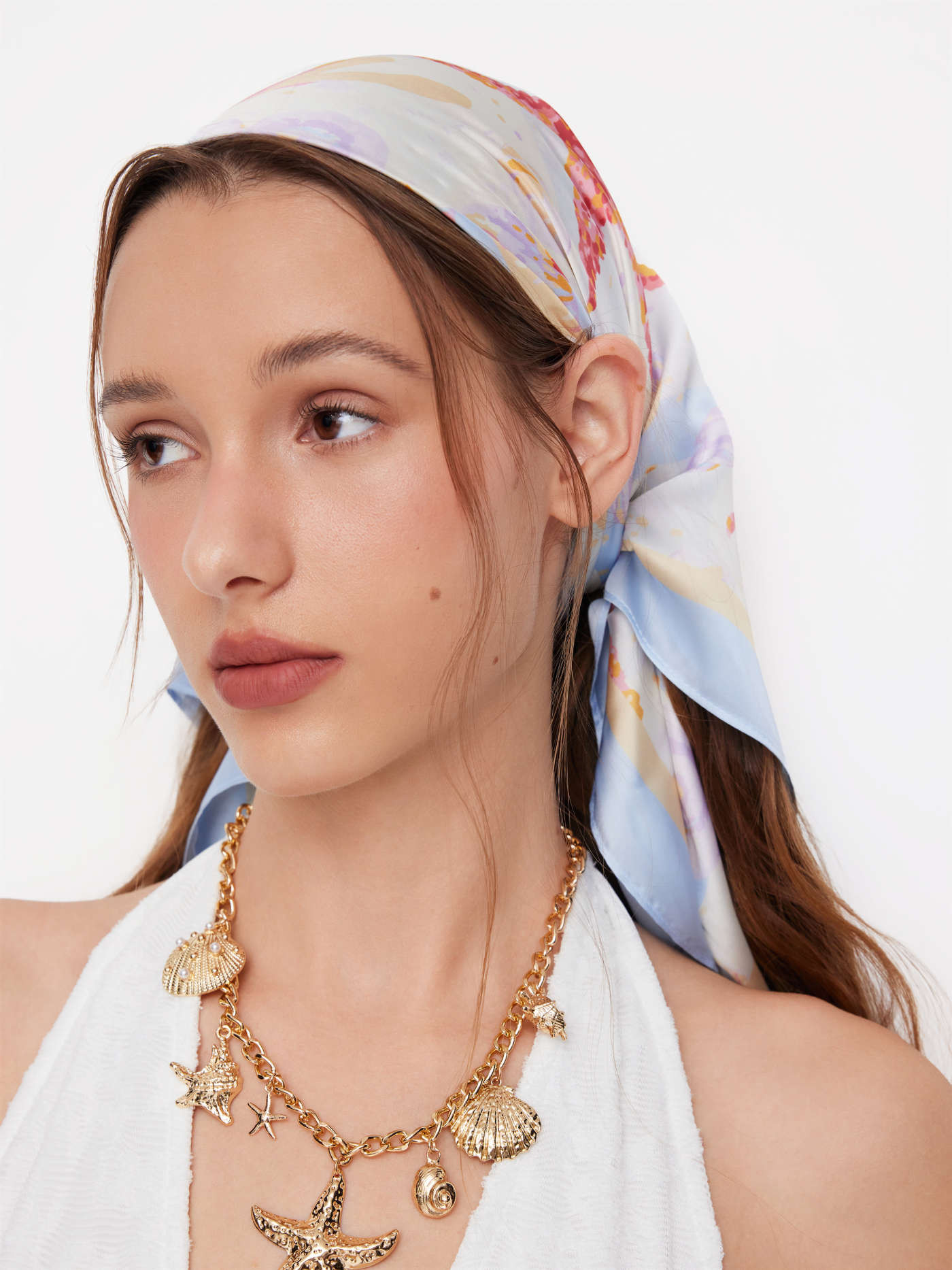 STARFISH & SHELL SQUARE FAUX SILK SCARF For Vacation Beach | Cider