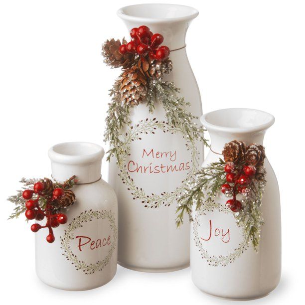 Set of 3 White and Red Berries Embellished Antique Christmas Milk Bottles 9" | Walmart (US)