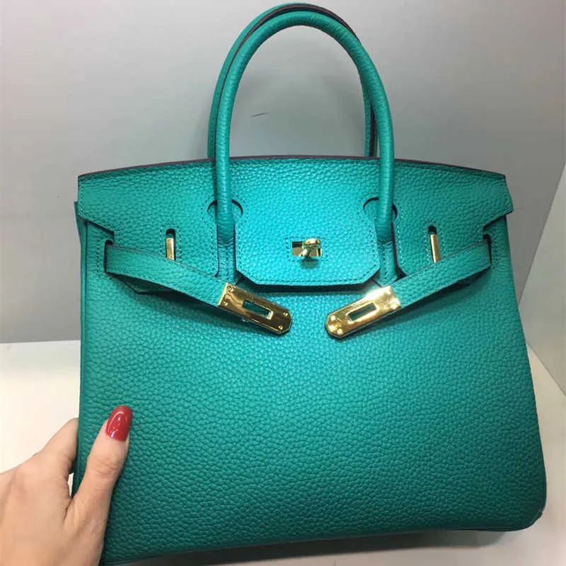 A Birknns Classic bag Fashionable with litchi pattern and cow leather lake green hand bill of lad... | DHGate