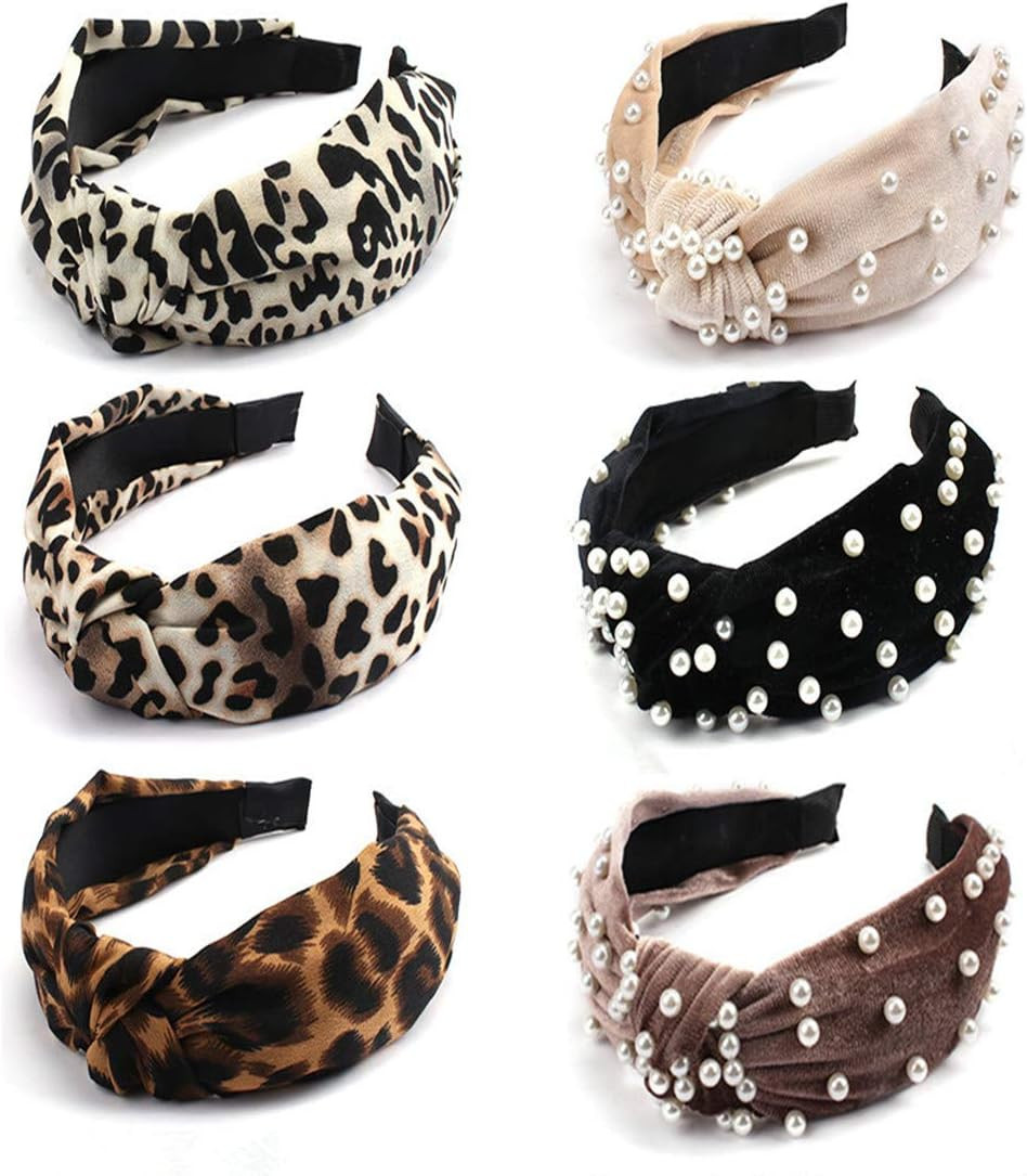 Ondder 6 Pack Headbands Wide Dot Headband Velvet Hair Bands Pearl Knotted Headbands Vintage Hairb... | Amazon (US)