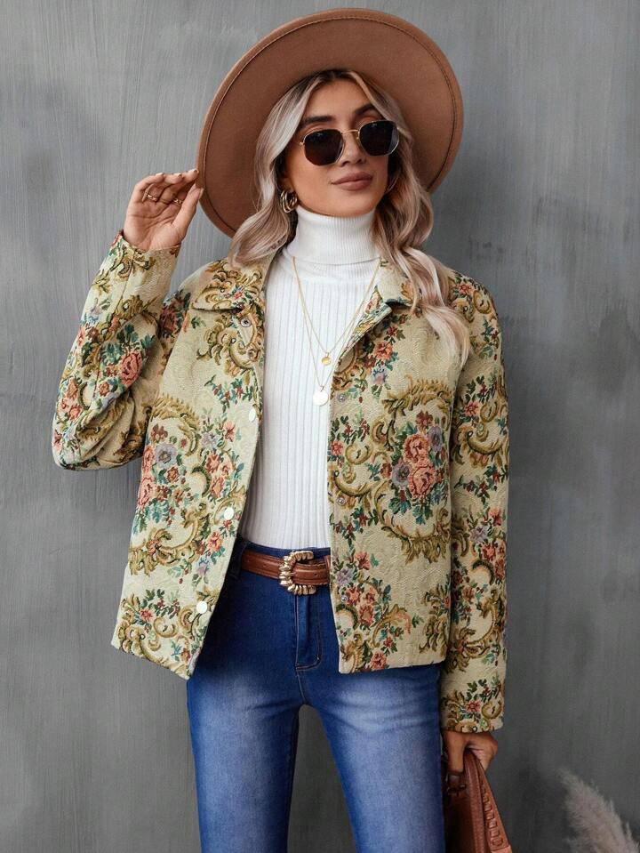 SHEIN LUNE Floral Print Button Front Coat | SHEIN