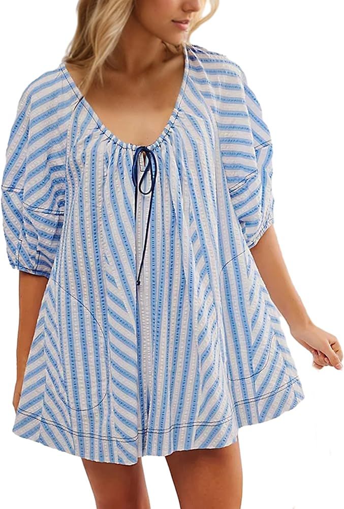 MISSACTIVER Summer Striped Mini Dress for Women Loose Puff Sleeve Drawstring Neck Swing Beach Sho... | Amazon (US)