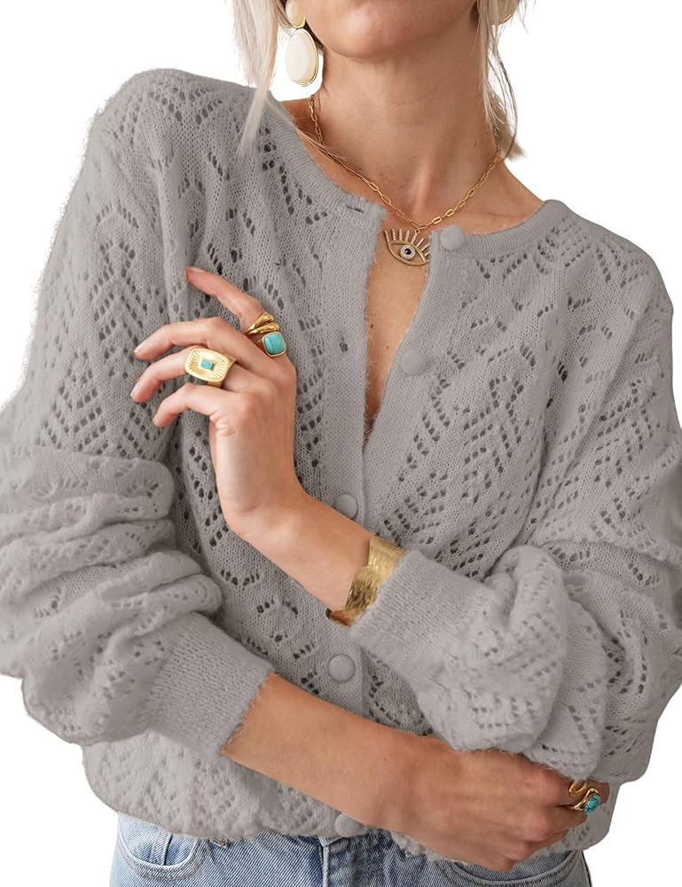 Womens Lightweight Crochet Cardigan Long Sleeve Fancy Openwork Knit Sweater Reversible Jumper | Amazon (US)