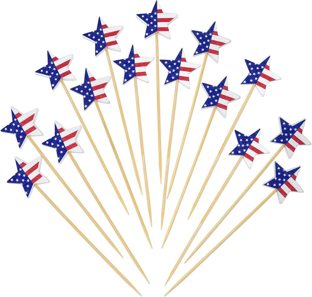 100 Pcs Patriotic Star Cocktail Picks USA Stars Bamboo Toothpick Cake Topper Pick 4th of July Woo... | Amazon (US)