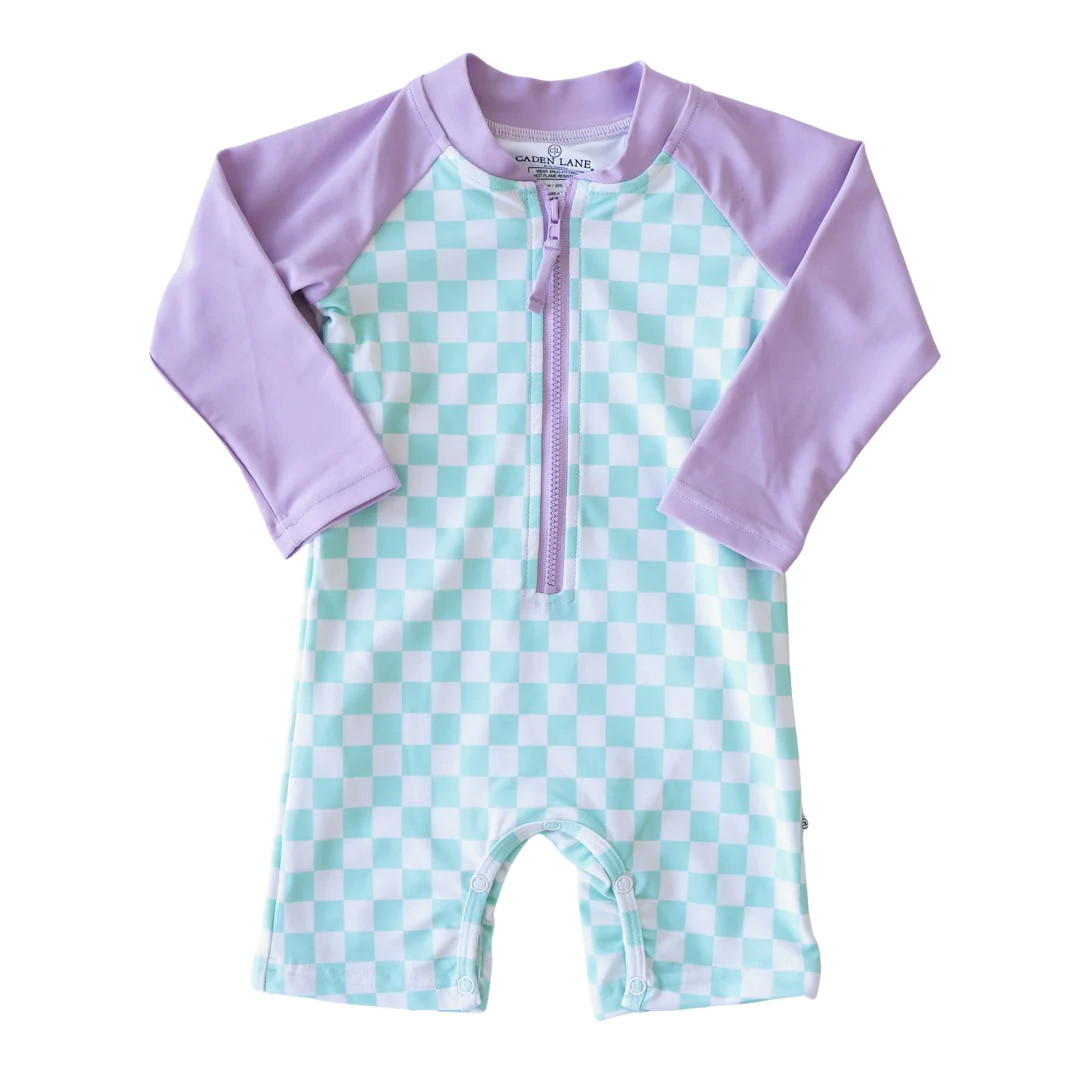 Long Sleeve Rash Guard Swim Romper Shortie | All Checked Out | Caden Lane