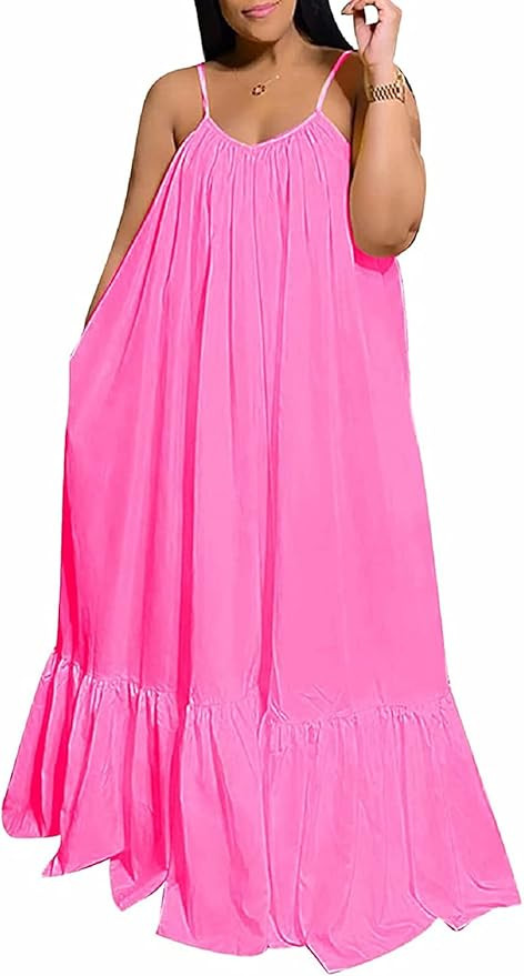 Womens Sexy Sleeveless Spaghetti Strap Dress Ruched Ruffle Hem Beach Loose Long Maxi Swing Dress ... | Amazon (US)