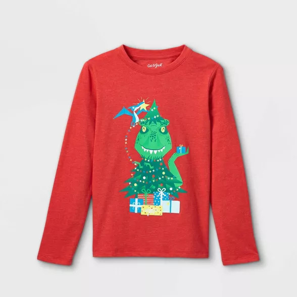 Boys' Christmas Dinosaur Graphic Long Sleeve T-Shirt - Cat & Jack™ Bright Red | Target