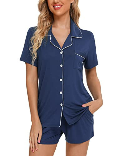 Pjmlifecoco Pajamas Women Short Sleeve Nightwear Button Down Sleepwear Soft Summer Pjs Set Cyan Blue | Amazon (US)