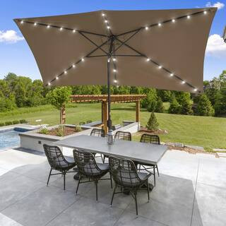 Sonkuki Solar LED 10 ft. x 6.5 ft. Aluminum Patio Rectangle Market Umbrella in Taupe with Push-Bu... | The Home Depot
