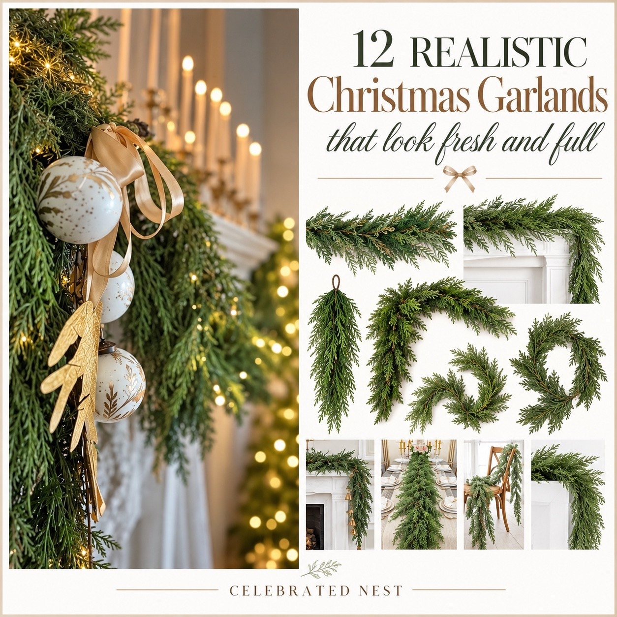 The secret to beautiful Christmas greenery? A garland that looks fresh, full, and naturally gathered!

I’ve rounded up 12 realistic Christmas garlands that bring that lush, designer look to mantels, staircases, tables, and doorways. From draping cedar to classic evergreen, these are beautiful options for creating a timeless holiday home without the mess of fresh greenery.