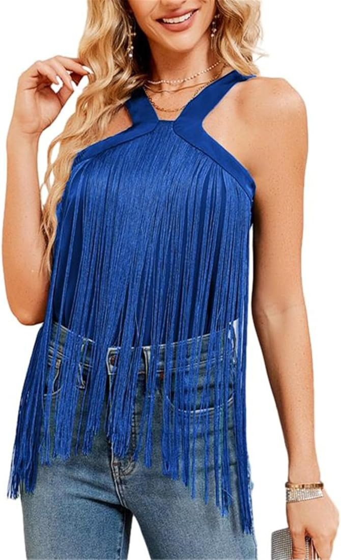 Women's Sleeveless Fringe Tank Top Silk Satin Blouses Tassel Halter Tops Lightweight Flowy Dressy... | Amazon (US)
