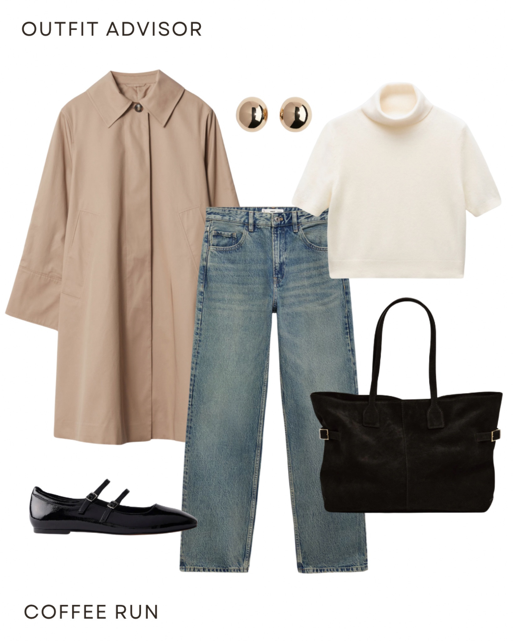 Autumn outfit idea: a trench coat, mid sleeve cream turtleneck, jeans, gold earrings, black flats and a black suede bag

#LTKautumn #LTKbag #LTKmidsize