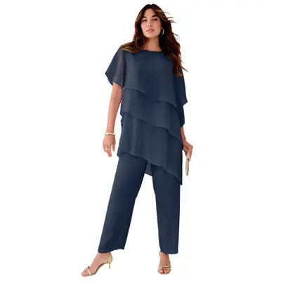 Roaman's Plus-Size 2 Piece Tierred Ruffle Top And Pant Set in Navy at Nordstrom, Size 16 | Nordstrom