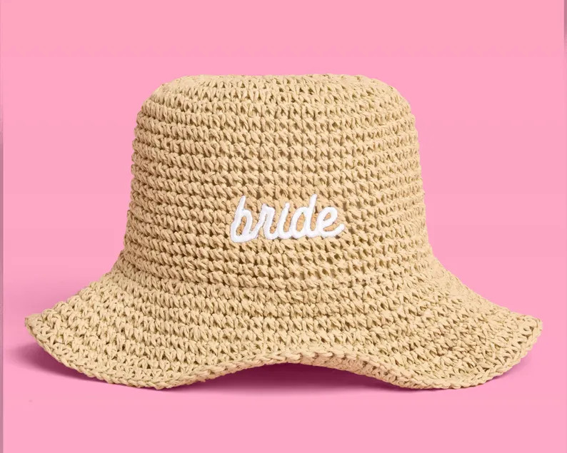 xo, Fetti Bride Straw Bucket Hat | Beach Bachelorette Accessory, Bridal Headwear, Bach Party Deco... | Etsy (US)
