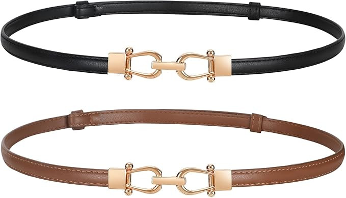 LEACOOLKEY Women Skinny Waist Belt with Gold Buckle Adjustable Leather Thin Waist Belt for Dress | Amazon (US)