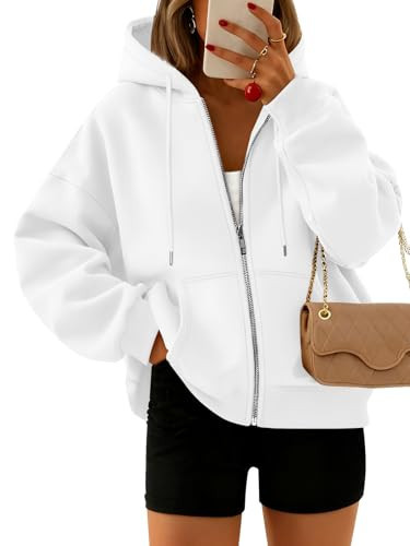 Trendy Queen Zip Up Hoodies For Women Oversized Sweatshirts Fall Fashion Outfits 2025 Cropped Pullover Sweaters Y2k Fleece Jackets Comfy Gym Tops Teen Girls Clothes White XS | Amazon (US)