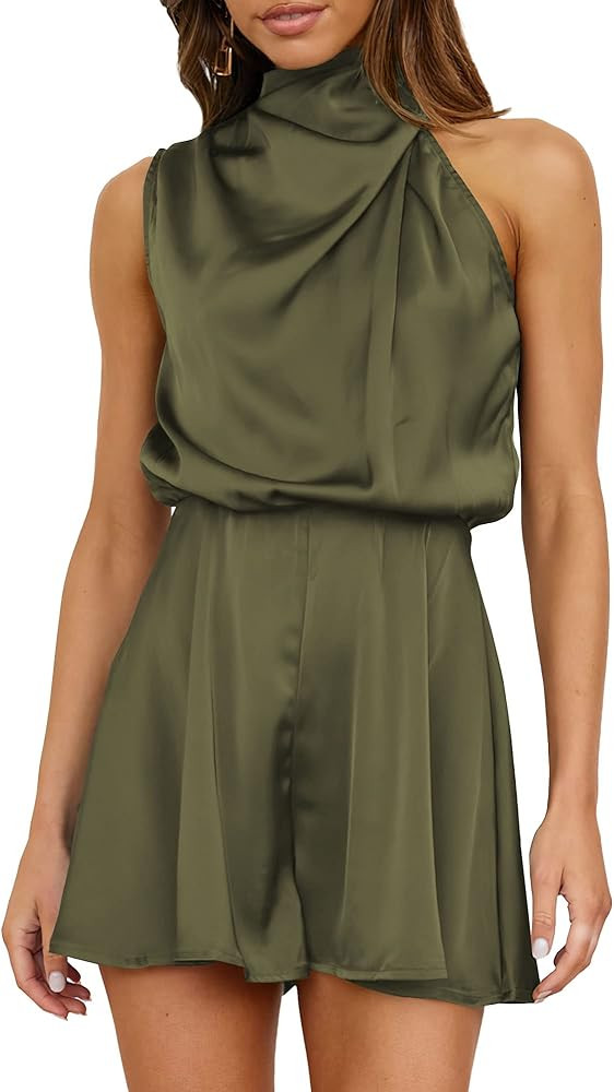 BTFBM Womens Mock Neck Summer Romper 2025 Casual Beach Outfits Satin Sleeveless Elastic Waist One... | Amazon (US)