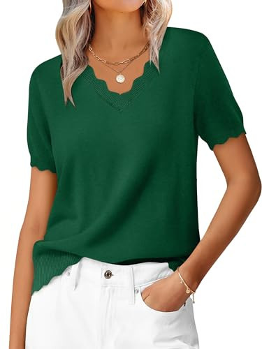 ANRABESS Women's Short Sleeve Sweater V Neck Ribbed Knit Lightweight Sweaters Tops 2026 Spring Summer Business Casual Outfits Medium Forest Green | Amazon (US)