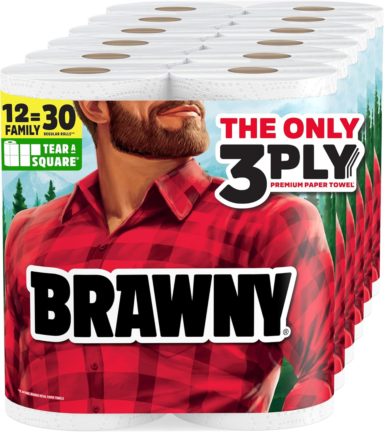 Brawny Tear-A-Square 3-Ply Paper Towels, 12 XL Family Rolls = 30 Regular | Amazon (US)