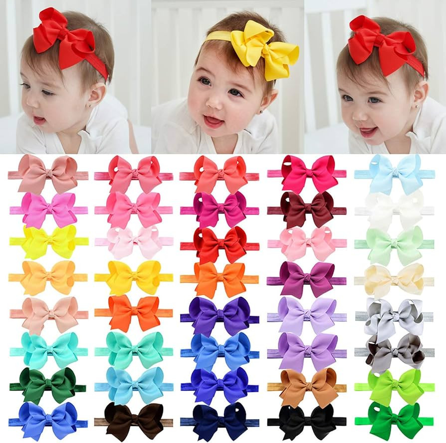 jollybows 40pcs Baby Girls Grosgrain Ribbon Hair Bows Headbands 4" Elastic Hair Band Hair Accesso... | Amazon (US)