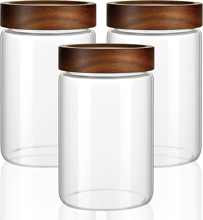 3 Pack 28 fl oz/850 ml Clear Glass Storage Canister with Airtight Wooden Screw On Lid, Medium Dec... | Amazon (US)