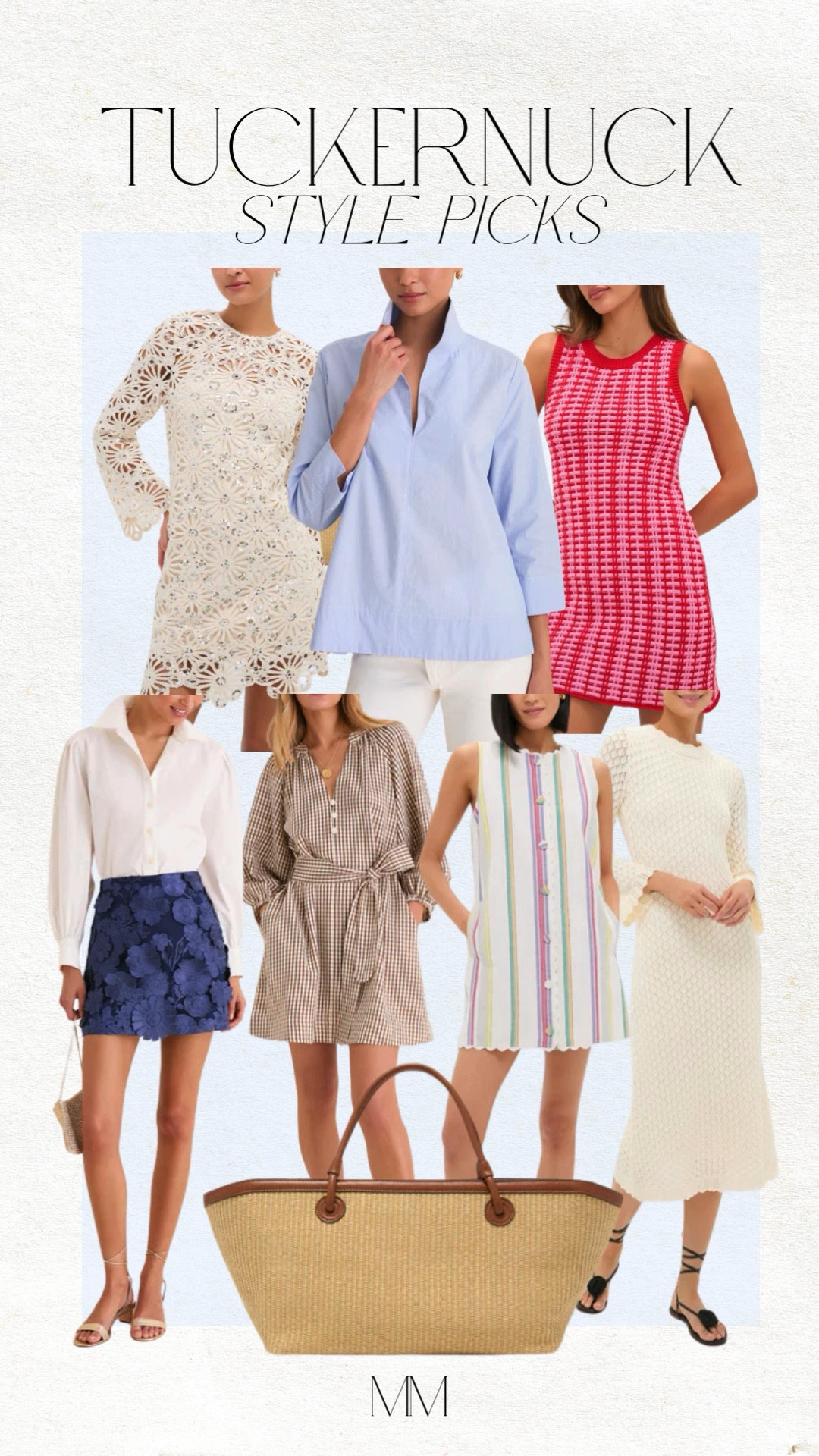 Tuckernuck style picks I’m loving right now. Think chic summer dresses, classic white tops, tailored skirts, and effortless warm weather outfits. This edit is full of elevated everyday pieces you can wear from brunch to vacation to summer events.

Sharing some of my favorite Tuckernuck finds including timeless neutral dresses, a striped mini dress, feminine lace pieces, and the perfect woven straw tote bag for summer. Easy, polished outfits that feel classic but still modern.

If you’re looking for summer outfits, coastal style, chic vacation outfits, classic dresses, or elevated everyday fashion, these pieces are such good staples.

[Tuckernuck style, summer outfits, chic dresses, coastal style, vacation outfits, classic fashion, straw tote bag, summer fashion, neutral outfits, preppy style]

#LTKOver40