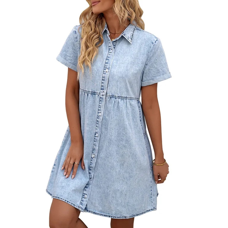 Women's Short Sleeve Button Down Flowy Tiered Babydoll Denim Dress | Walmart (US)
