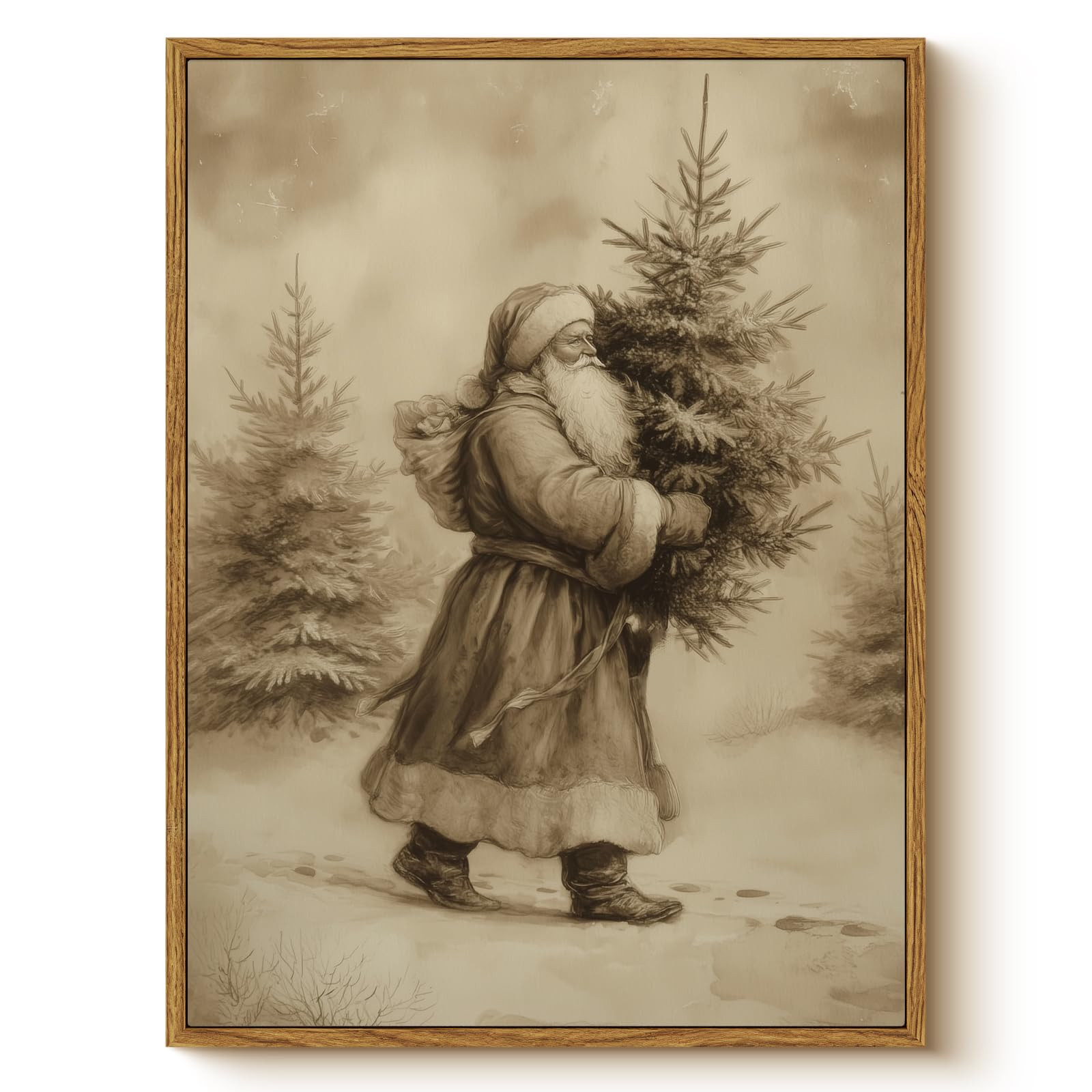 WHASAYART Vintage Santa Claus Carrying Christmas Tree Wall Art, Retro 12x16 Framed Canvas Print, ... | Amazon (US)