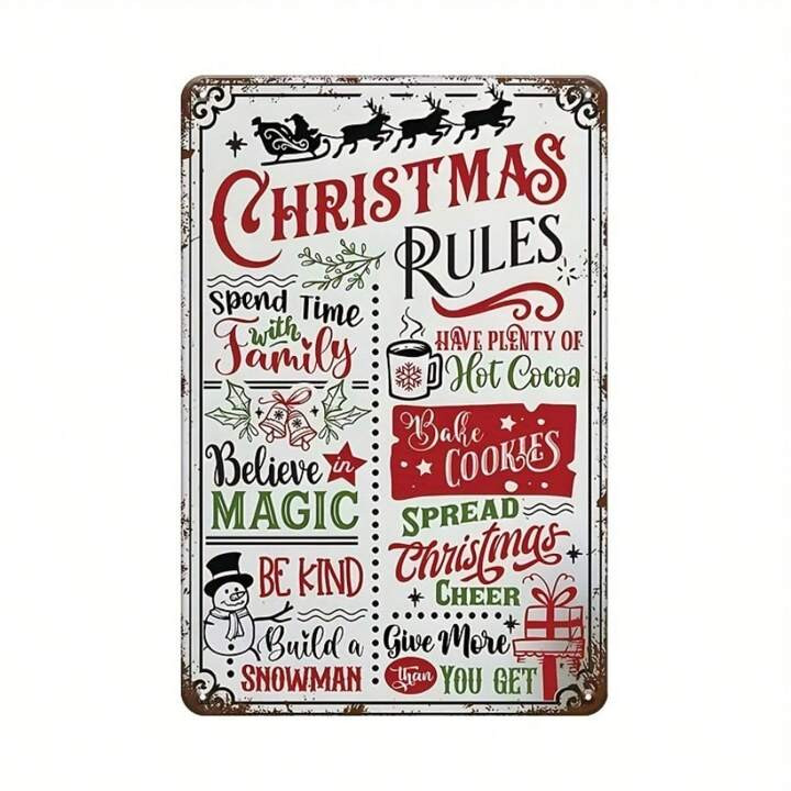 INEED Christmas Rules Metal Tin Sign - 1pc, Wrought Iron Wall Art Decor With Pre-Drilled Holes, F... | SHEIN