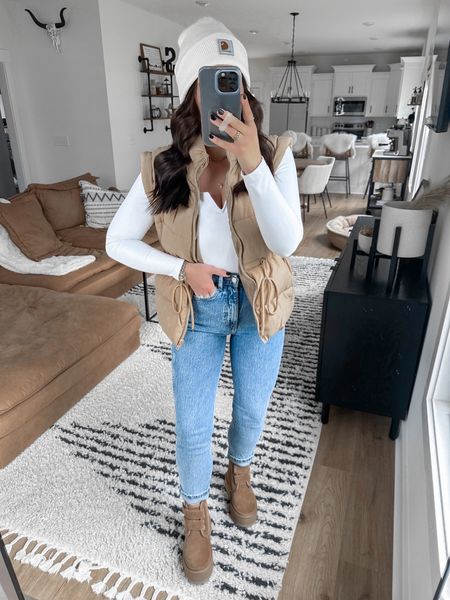 Bodysuit — small
Vest — small (dark khaki color)
Jeans — 2

casual fall outfit | comfy fall outfit | fall outfits | winter outfits | oversized puffer vest | cinched waist puffer vest | neutral outfits | high waisted mom jeans | platform Ugg boots outfit | platform Uggs | errands outfit | brunch outfit ideas 



#LTKfindsunder50 #LTKfindsunder100 #LTKstyletip