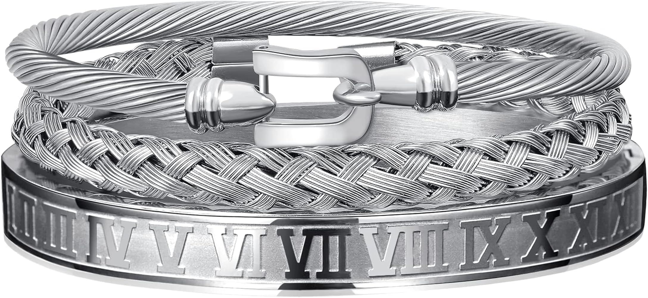 WFYOU 3PCS Stainless Steel Bracelets for Men Gold Roman Numeral Bangle Bracelet Twisted Cable Bra... | Amazon (US)