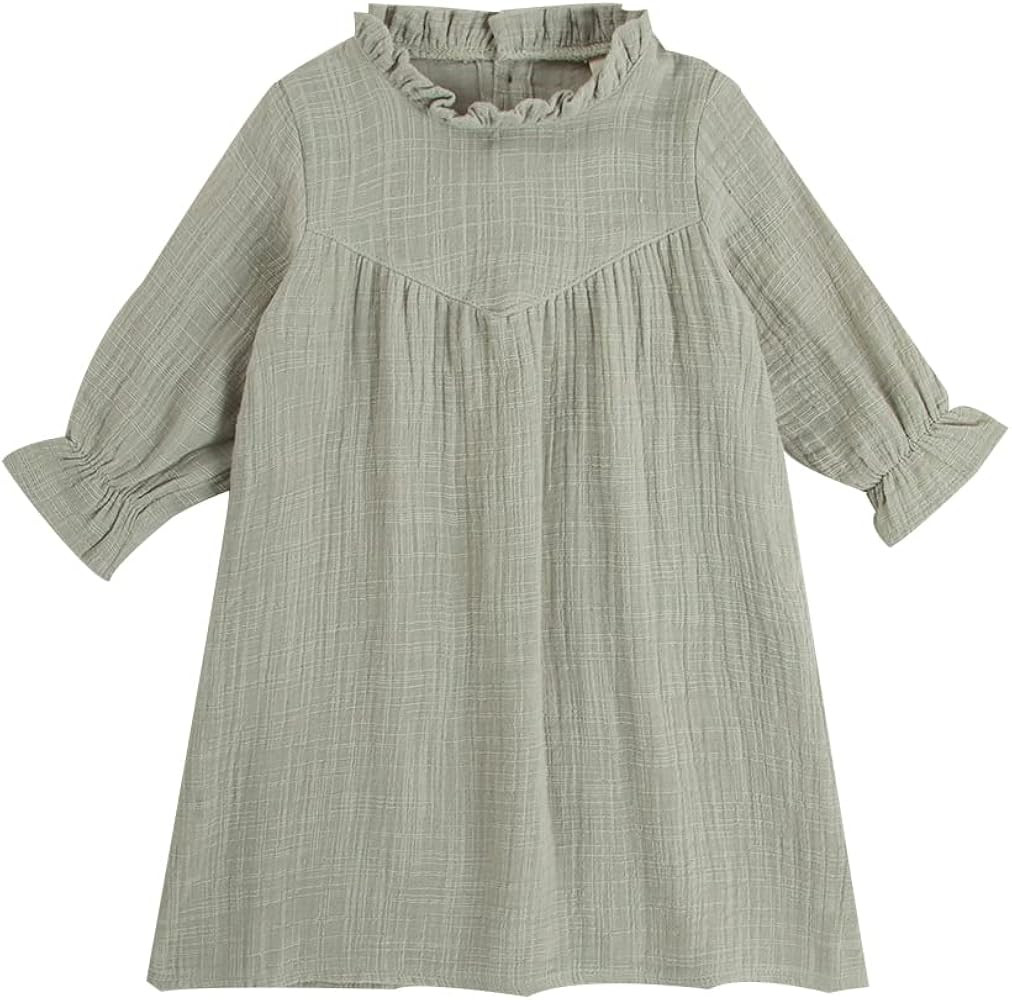 BOUTIKOME Toddler Baby Girl Cotton Linen Dress Crew Neck Casual Dresses Button Down Sundress Fall Wi | Amazon (US)
