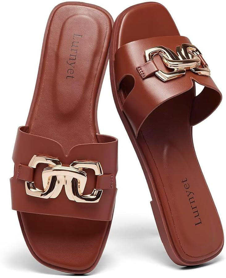 Women's Flat Slide Sandals Dressy Square Open Toe Slip On Sandals for Summer Beach | Amazon (US)