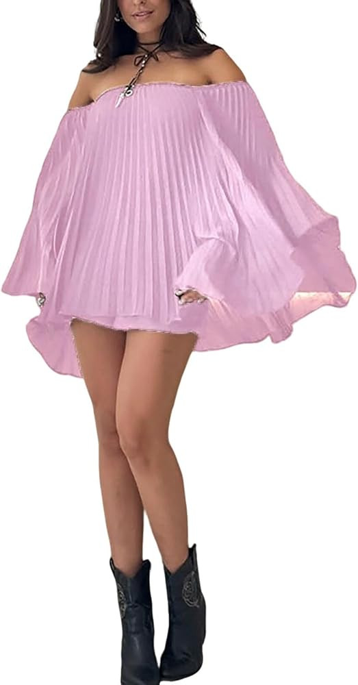 Annystore Women 2 Piece Outfits Pleated Shorts Sets Off Shoulder Bell Sleeve Oversized Shirts Bik... | Amazon (US)