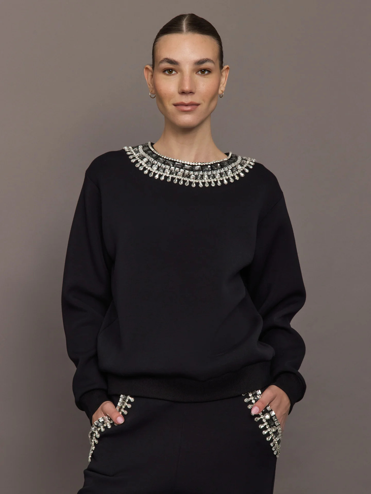 Jewel Embellished Sweatshirt in Scuba - Black | Carbon38