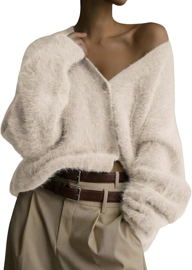 Yimoon Womens Fuzzy Cardigan Sweater V Neck Long Sleeve Button Down Slouchy Furry Knit Sweaters 2... | Amazon (US)