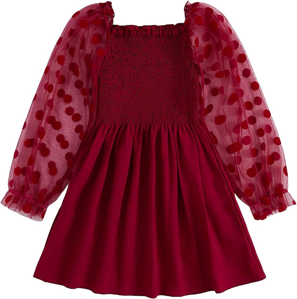 WDIRARA Toddler Girl's Polka Dots Mesh Flounce Long Sleeve Flared Shirred Dress | Amazon (US)